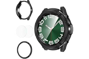 Goton 3 in 1 Accessories for Samsung Galaxy Watch 6 Classic Screen Protector 47mm Case, Rugged TPU Bumper +2 Tempered Glass Screen Protector + Bezel Ring Cover for Galaxy Watch6 Classic 47 mm Black
