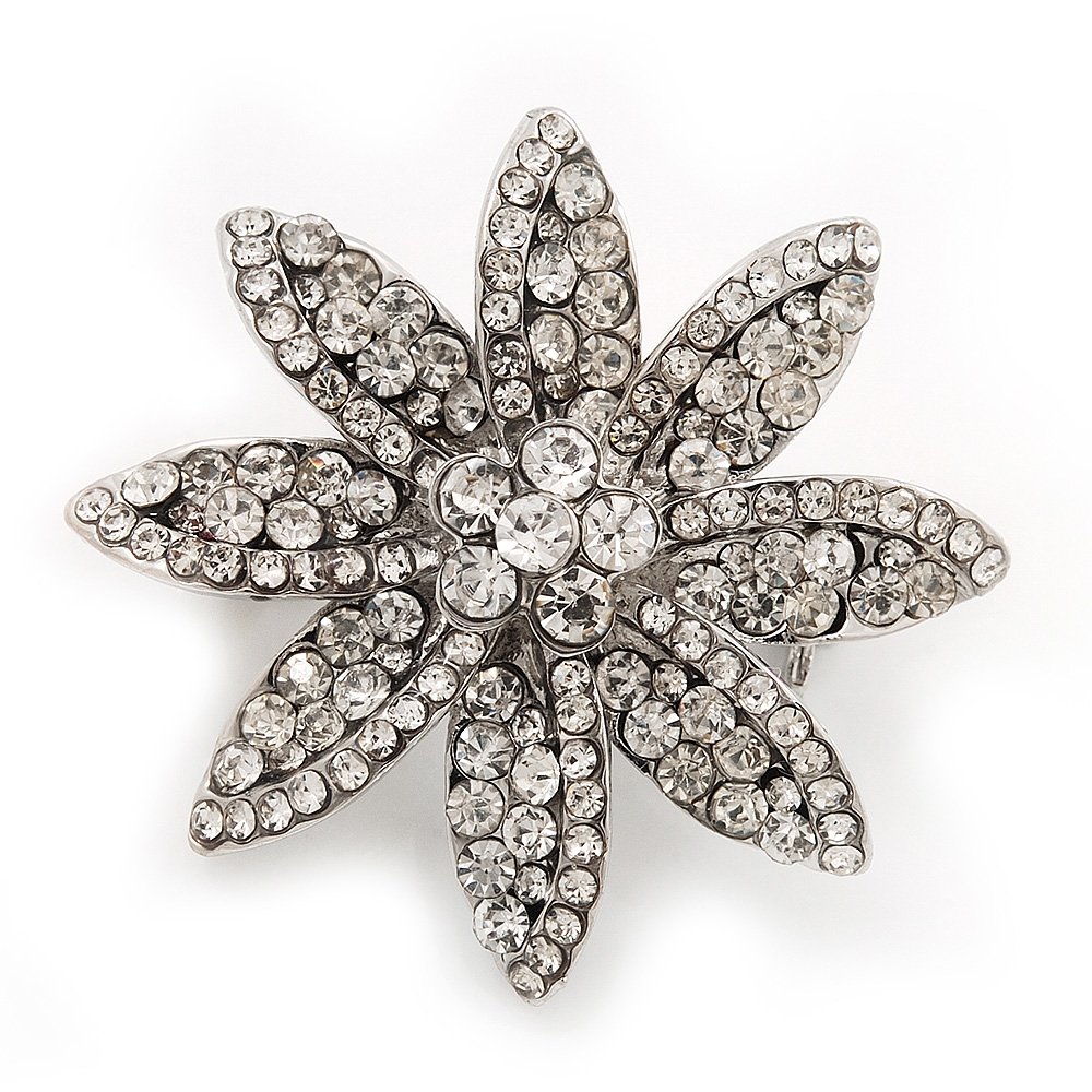 Small Clear Crystal 'Flower' Brooch In Silver Plating - 3.5cm Diameter