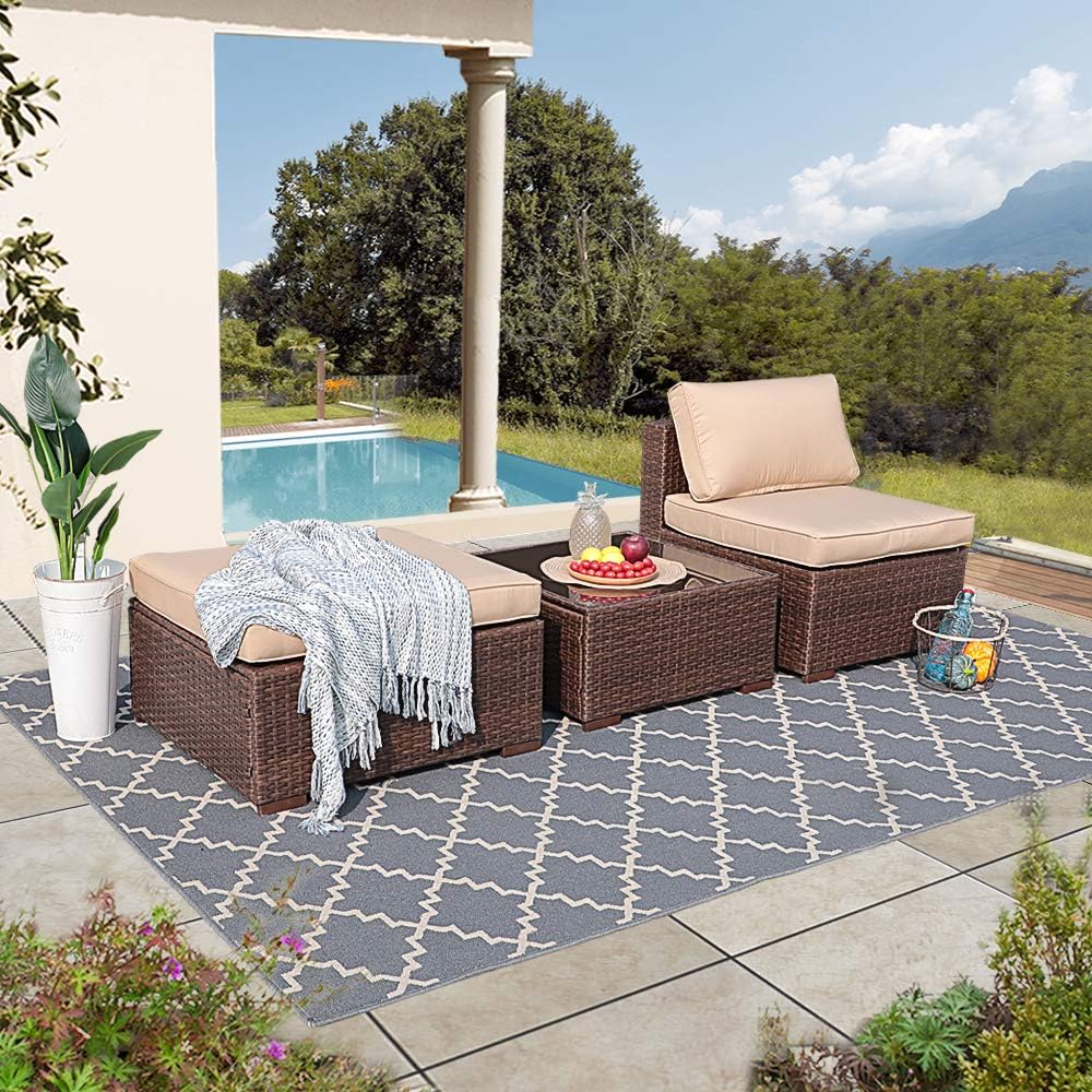 Amazon Com Patiorama 3 Piece Outdoor Patio Furniture Set Outdoor Conversation Set All Weather Brown Pe Wicker W Beige Cushions Backyard Porch Garden Poolside Balcony Furniture Set Armless Table Ottoman Kitchen Dining