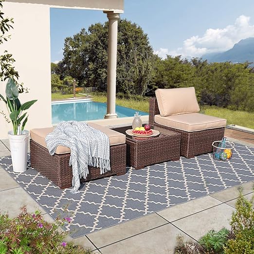 Amazon Com Patiorama 3 Piece Outdoor Patio Furniture Set Outdoor Conversation Set All Weather Brown Pe Wicker W Beige Cushions Backyard Porch Garden Poolside Balcony Furniture Set Armless Table Ottoman Kitchen Dining