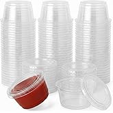 Sauce Containers Jello Shot Cups with Lids (100 ct) 2 oz Plastic Portion containers – Clear, Leak-Resistant and Stackable Sou