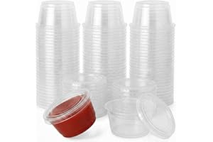 Sauce Containers Jello Shot Cups with Lids (100 ct) 2 oz Plastic Portion containers – Clear, Leak-Resistant and Stackable Sou
