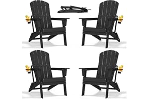 nevilywood Folding Adirondack Chair with Cup Holder Set of 4, HDPE Patio Chairs,All-Weather Outdoor Chairs for Backyard, Deck,Fire Pit-Black