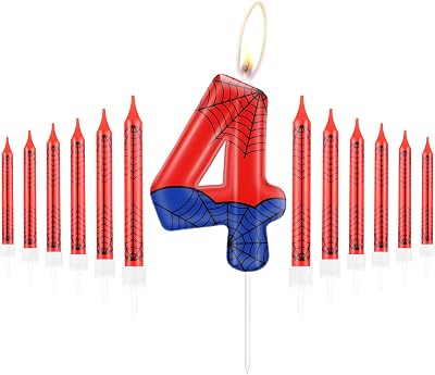 mciskin Happy 4th Birthday Candles Set Blue Red Spider Web Number 4