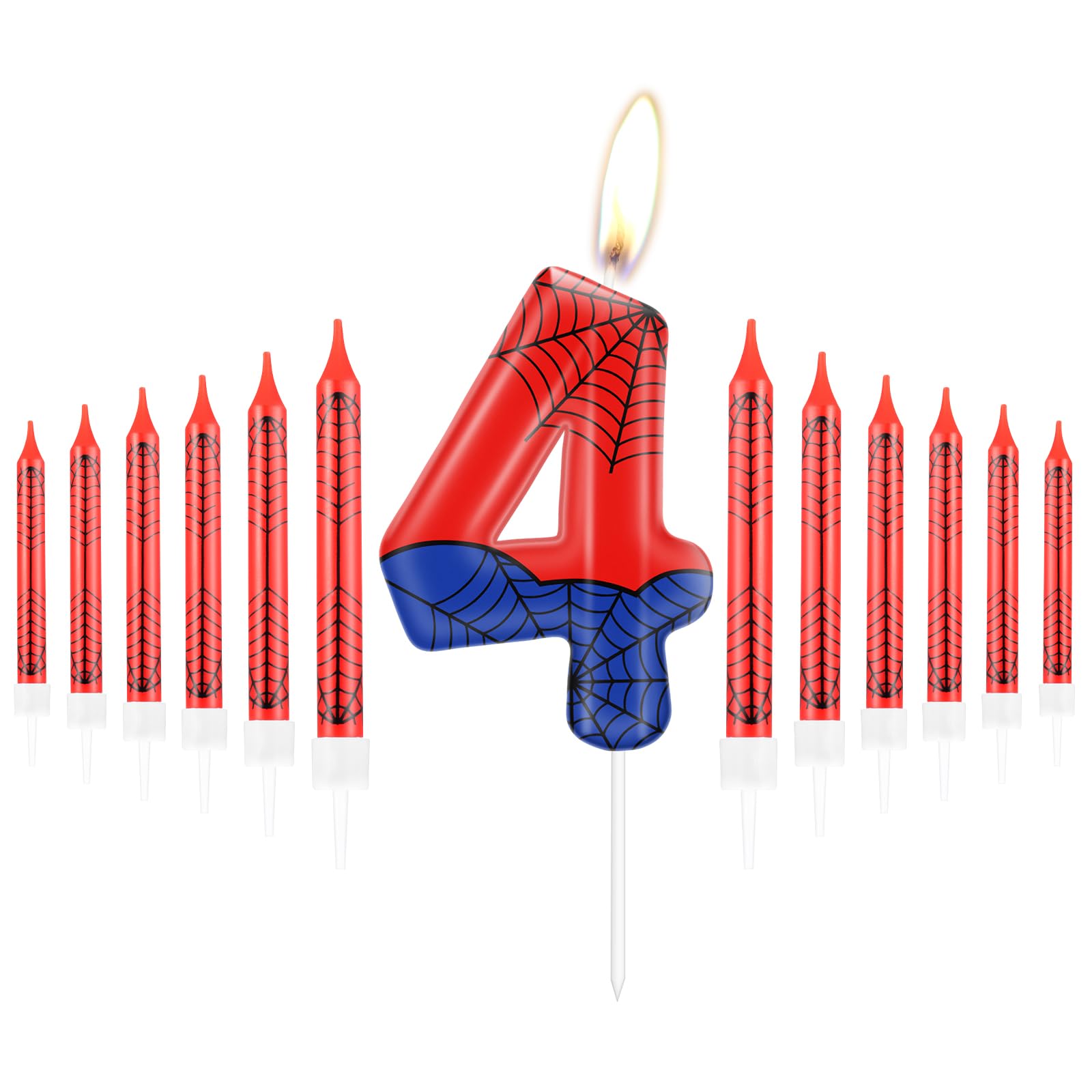 mciskin Personalied Happy 4th Birthday Candles Set, Blue Red with Spider Web Number 4 Candles Cake Toppers for Cake, Spider Theme Party Candles for Boys Girls 4th Birthday Decorations — image 1