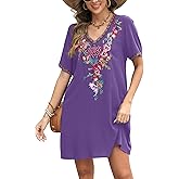 Grosy Fiesta Embroidered Mexican Dress for Women Beach Vacation Plus Size Short Sleeve Summer Boho Dresses with Pocket