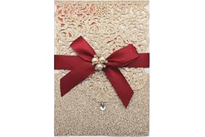 AdasBridal 25Pcs Gold Glitter Laser Cut Invitations with RSVP Cards and Envelopes Luxury Diamond and Ribbon Design with 250GS