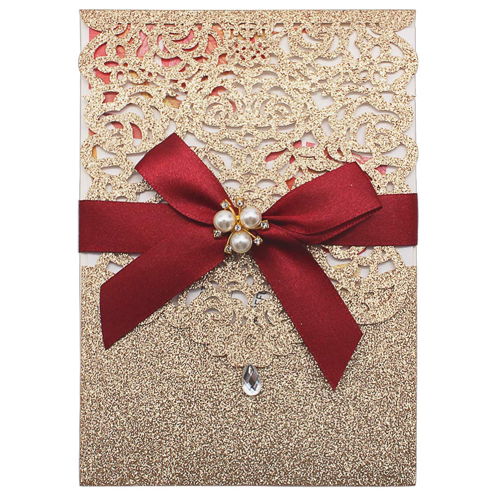 Photo 1 of AdasBridal 25Pcs Gold Glitter Laser Cut Invitations with RSVP Cards and Envelopes Luxury Diamond and Ribbon Design with 250GSM Pearl Paper Insert For Wedding Engagement Birthday Quinceanera Invite