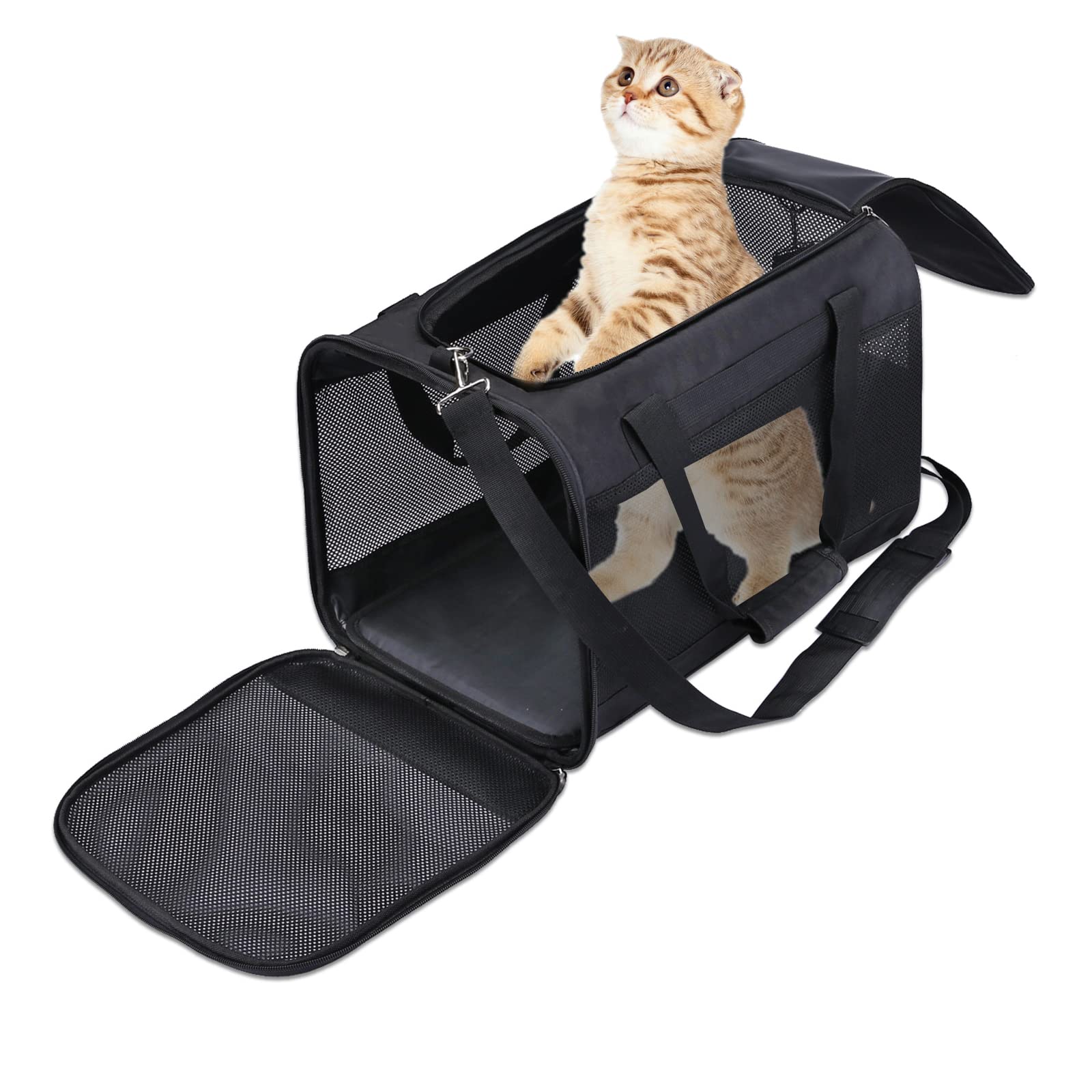 PETCUTE Pet Carrier Bag,Soft Sided Cat Carrier For Puppy Dogs Cats,Foldable and Breathable Pet Travel Carrier with Self-lock Zippers,Dog Travel Bag with Removable Fleece Mat,Airline Approved