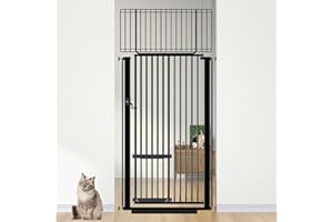 FLOWER FRAIL 71" Extra Tall Pet Gate with Cat Door, 29.5"-32.2" Extra Wide Cat Gate for Doorway, Pressure Mounted Metal Baby Gate, Tall Dog Gate Barrier Indoor Outdoor, No Jumping Over for Babies/Kids/Pets, Black