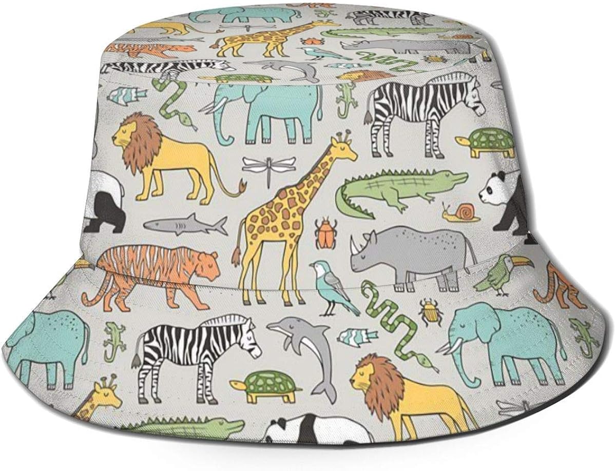 Zoo Jungle Animals Doodle Unisex Bucket Hat Reversible Fisherman Hat