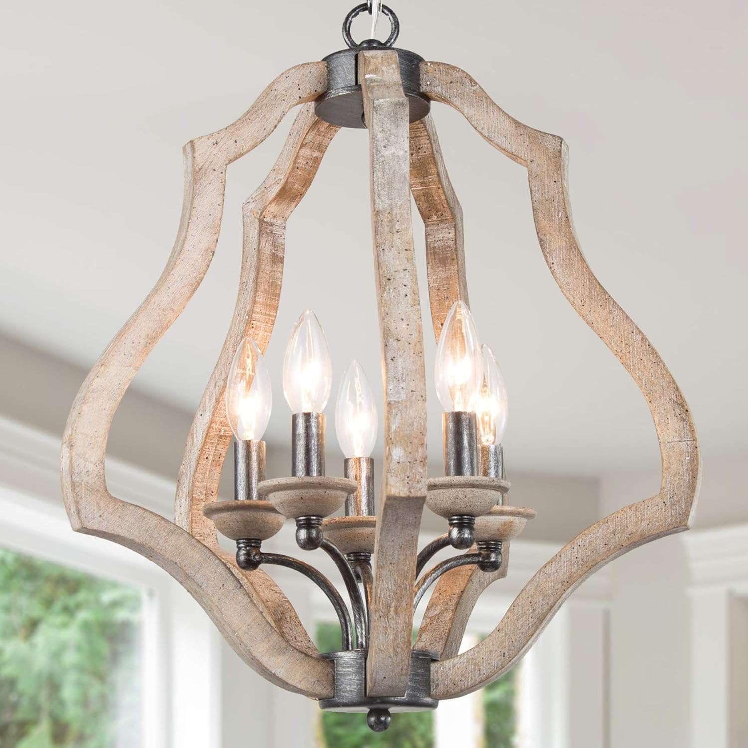 Farmhouse Orb Chandeliers, New Modern Farmhouse Chandelier, 5-Light Wooden Chandeliers for Foyer, Dining Rooms, Kitchen Island - - 