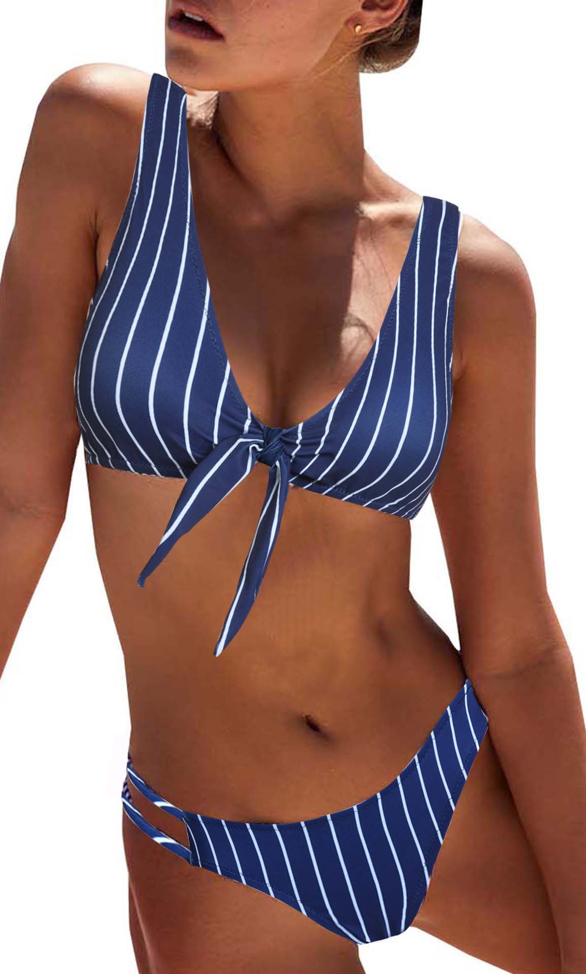 Blooming Jelly Women Blue White Striped Bikini Set,Sexy Triangle Padded Cut Out Swimsuit Swimming Costume for Ladies,Blue,M=UK12