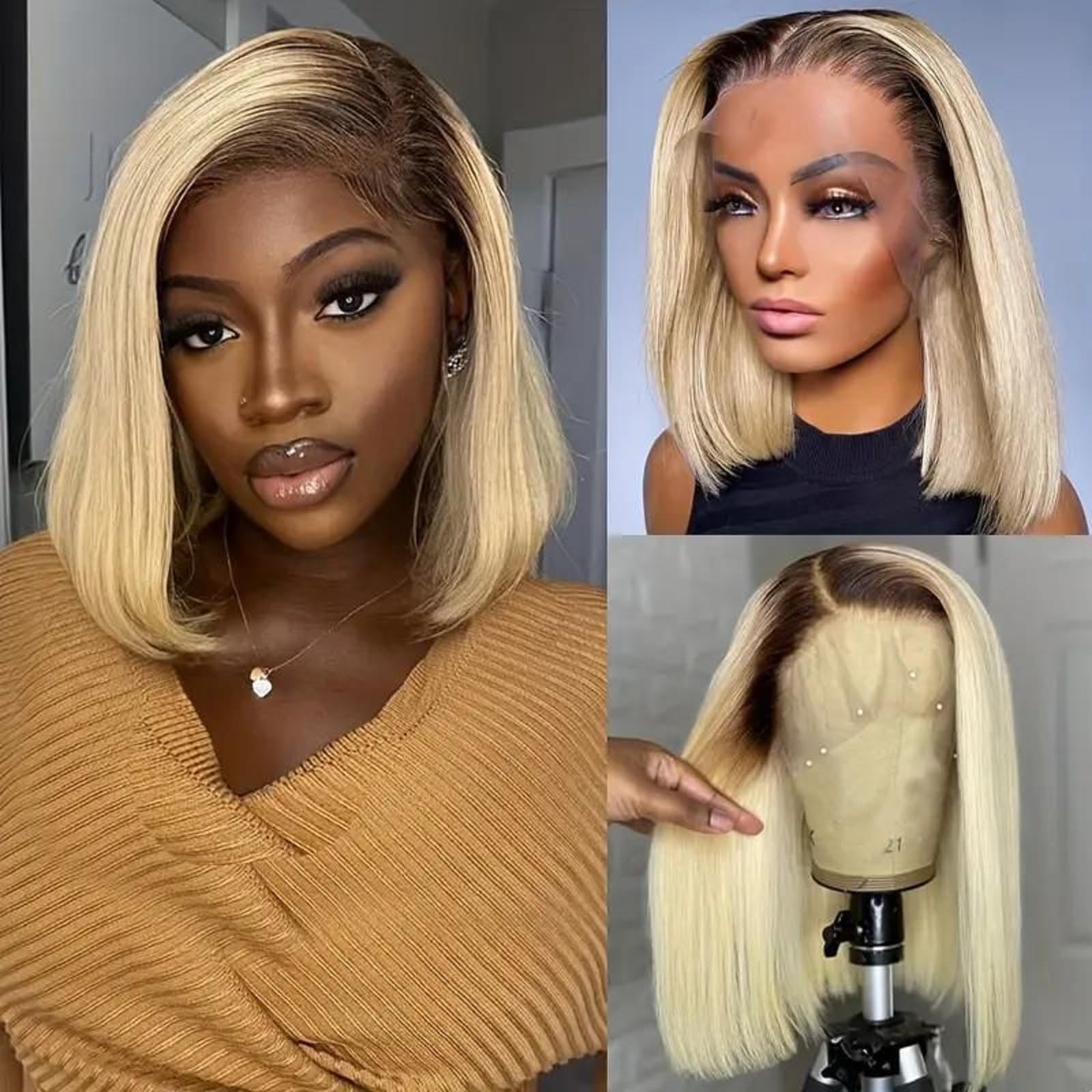 Photo 1 of Upgrade-Ombre Bob Wig Human Hair for Black Women 13x6 HD Lace Frontal Wigs Pre Plucked 180% Density Full Ends 1B613 Ombre Blonde Bob Human Hair Wig Bleached Knots Invisible HD Lace Frontal Wigs 12"
