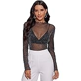 Floerns Women's Long Sleeve Slim Fit See Through Sheer Mesh Top
