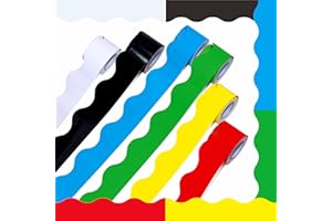 ERKE 6 Rolls Bulletin Board Borders, 240Ft Scalloped Rolled Border Trim with Wavy Line Design Yellow, Green, Red, Blue, Black, White Decoration for School, Classroom & Offices, 40Ft per Roll