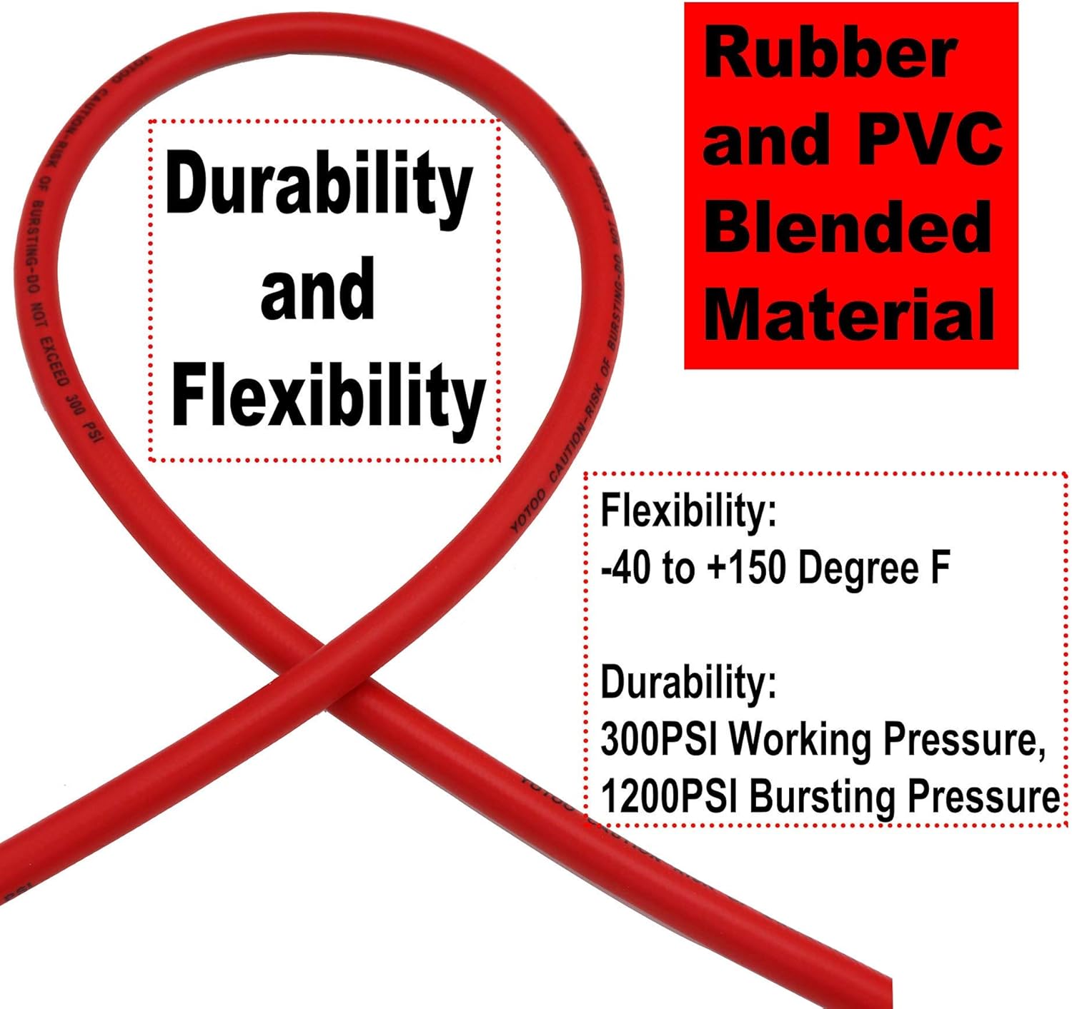 YOTOO Hybrid Air Hose 3/8-Inch by 50-Feet 300 PSI Heavy Duty, Lightweight, Kink Resistant, All-Weather Flexibility with 1/4-Inch Brass Male Fittings, Bend Restrictors, Red - - 