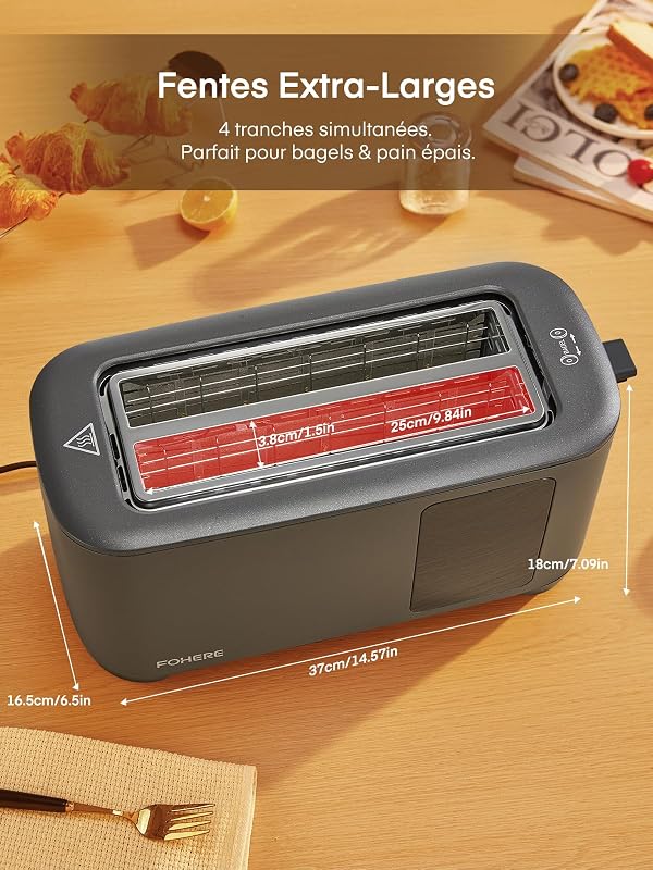 Grille Pain 4 Tranches, Longue Fente Toaster avec écran Tactile, 9 Niveaux de Dorage, 3 Types de Pain, Inox Grille Pain, Tiroir Ramasse Miettes Amovible, D'annulation/Décongélation/Réchauffage, Gris — photo 7 sur 8