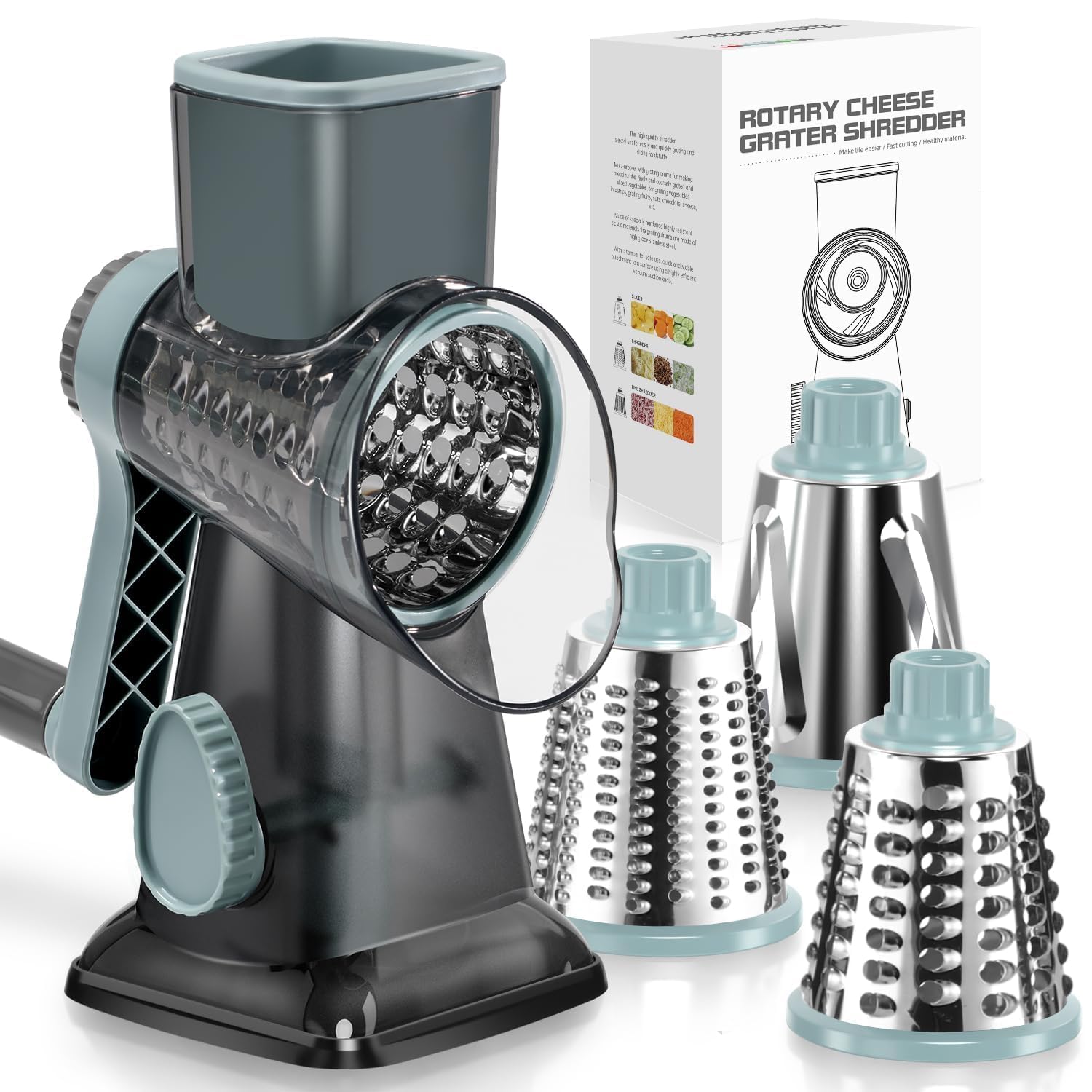 KEOUKE Rotary Cheese Grater with Handle Vegetable Cheese Shredder Slicer Grater for Kitchen 3 Changeable Blades for Cheese Potato Zucchini Nuts Chocolate (Blue Clear Body)