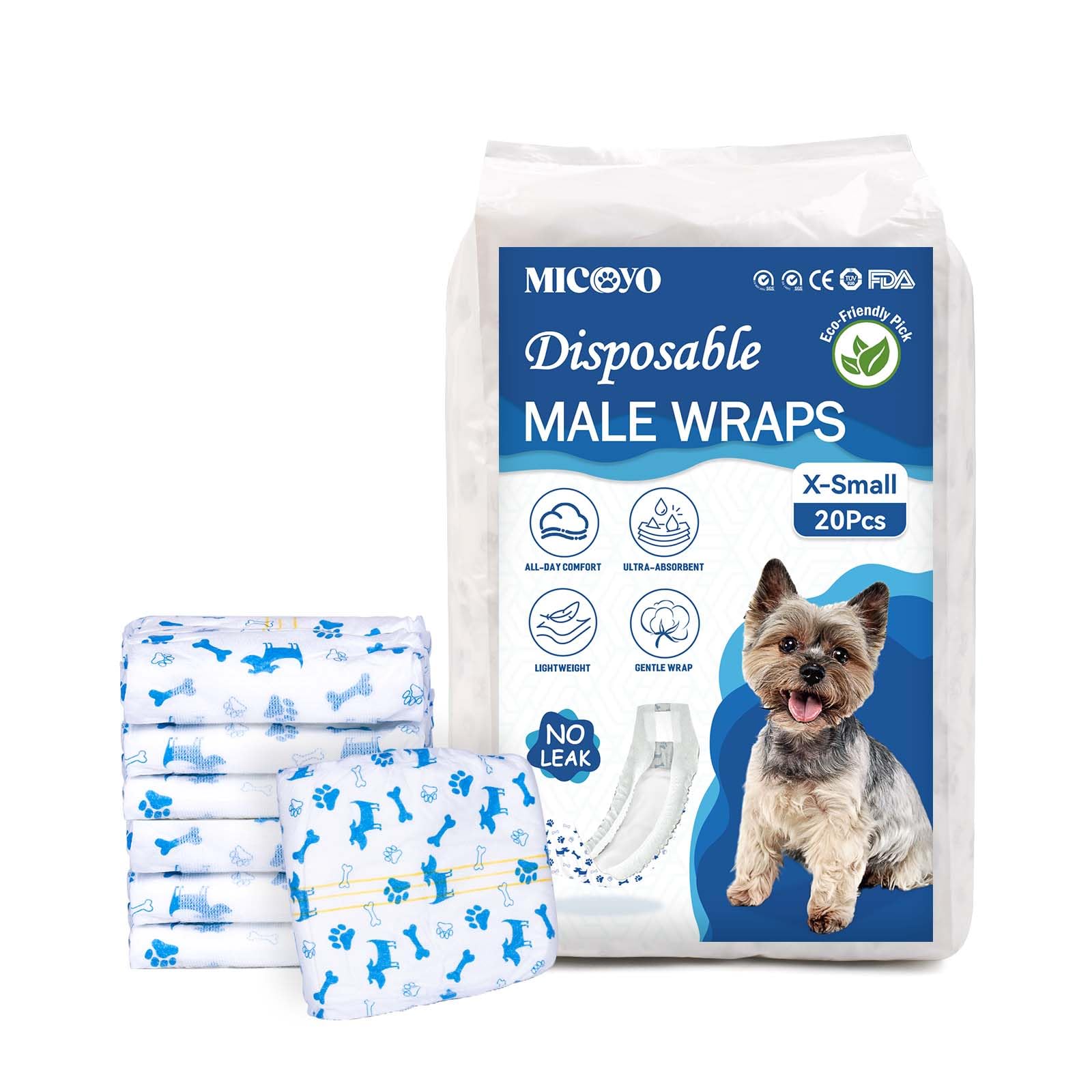 MICOOYO Disposable Dog Nappies Male, Super Absorbent Male Dog Wraps, Doggy Diapers with Wetness Indicator (XS, 20pack)