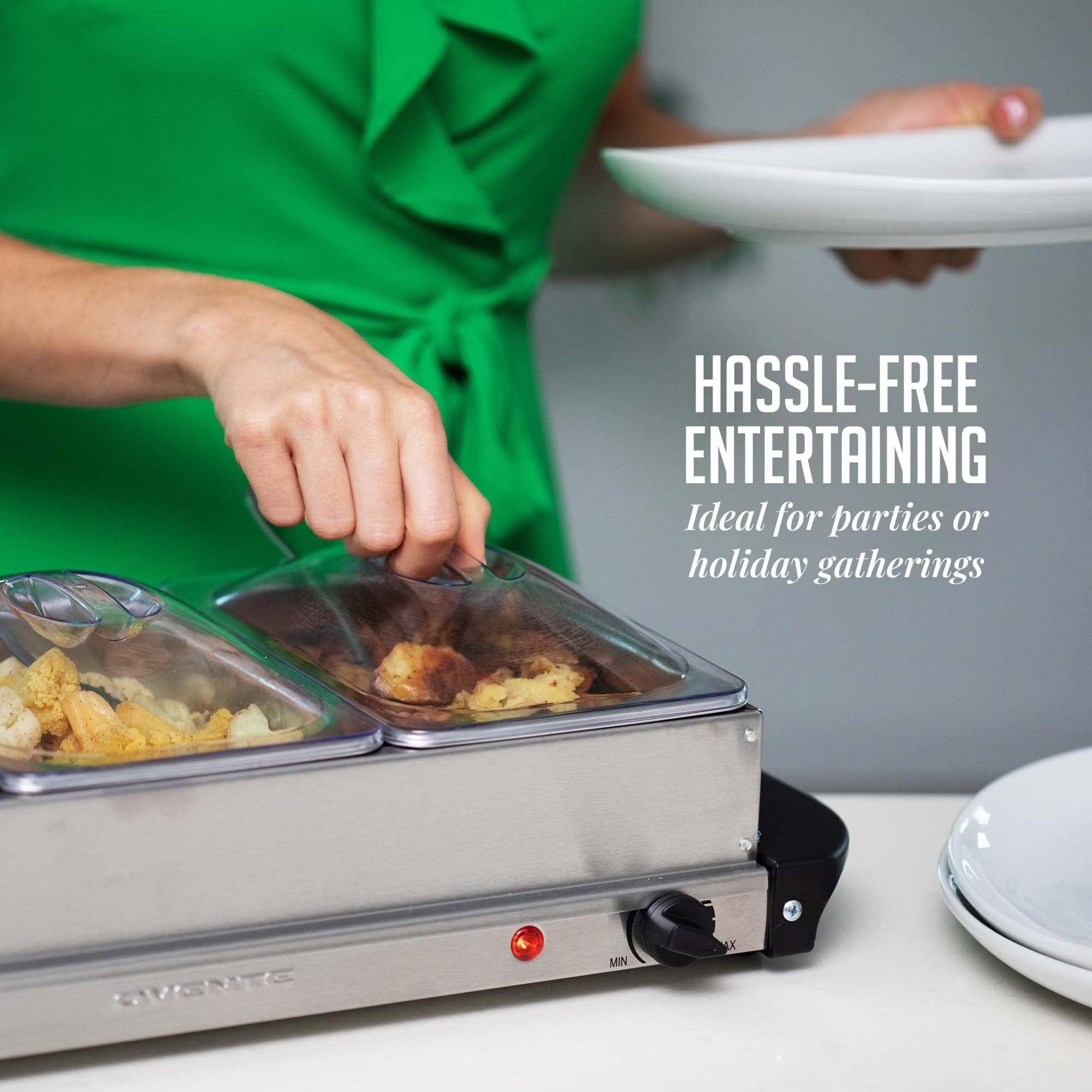 OVENTE Electric Buffet Server and Food Warmer, Three 1.5 Quart Chafing Dish Set with Stainless Steel Warming Tray Perfect for Holidays and Dinners, Silver FW173S