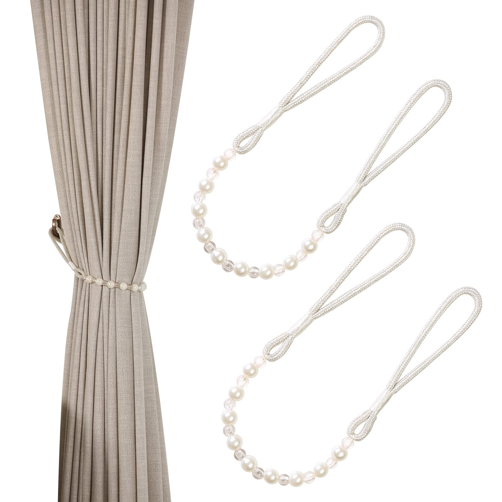 Pair Of Acrylic Pearl Curtain Tie Backs Curtain Tied Rope Decoration (Beige)