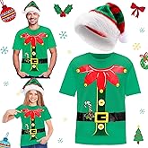 Geyoga 2 Pcs Christmas Elf Shirts for Adult Costume Novelty Funny Christmas Shirt Green Red Elf Hat Unisex for Women Men