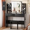 SMOOL Vanity with Lighted Mirror, Makeup Vanity Desk with Power Outlet, 3 Color Light Options Adjustable Brightness, Vanity Table with 6 Storage Shelves, 2 Large Drawers and Cushioned Stool, Black