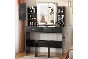 SMOOL Vanity with Lighted Mirror, Makeup Vanity Desk with Power Outlet, 3 Color Light Options Adjustable Brightness, Vanity Table with 6 Storage Shelves, 2 Large Drawers and Cushioned Stool, Black