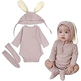 AGQT Baby Girls Easter Bunny Outfit Set Baby Boys Bunny Ear Costume Rabbit Ear 3PCS Long Sleeve Romper Baby Boys Halloween Costume Khaki Size 6-12 Months