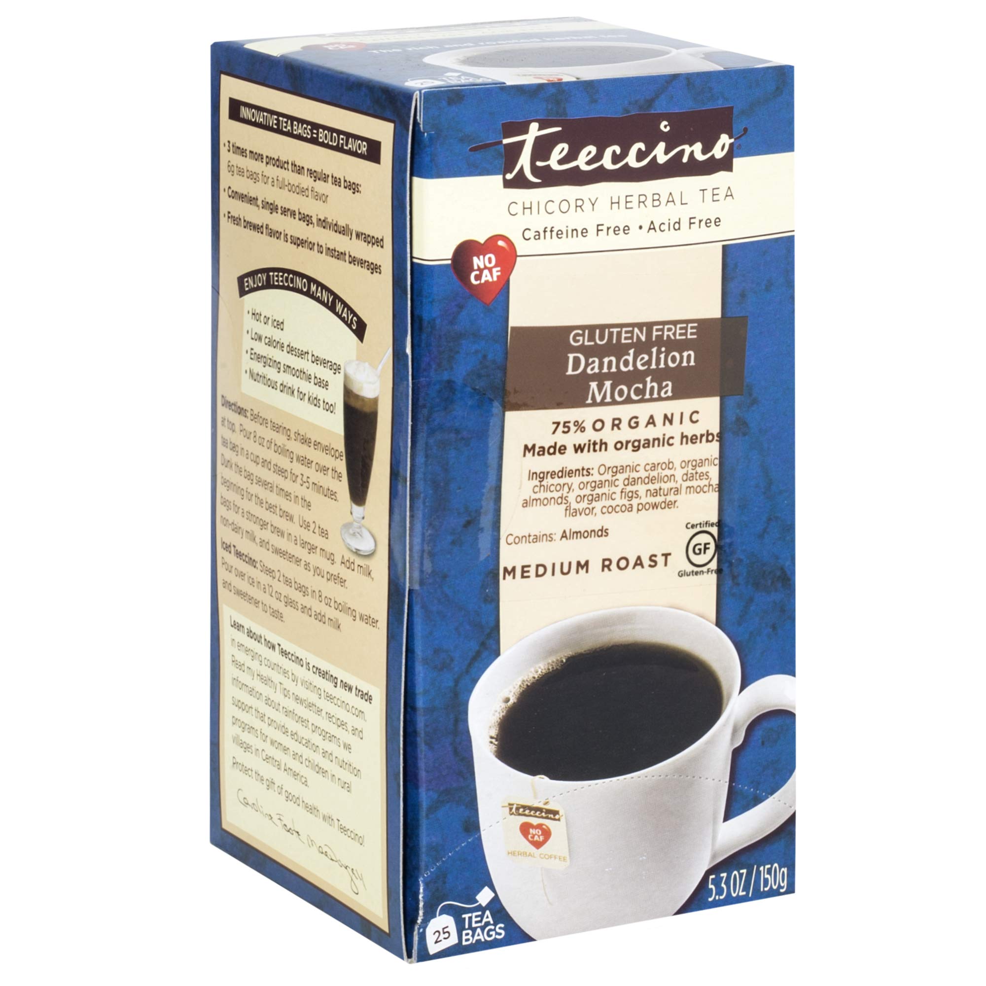 Teeccino Dandelion Mocha Chicory Herbal Tea Bags, Gluten