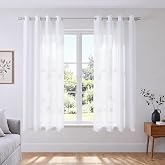 White Short Sheer Curtains 45 Inch Length for Small Windows Grommet 2 Panels Set Solid Faux Linen Gauze Voile Drapes Window Semi Sheer Curtains for Bedroom Bathroom Kids Room Kitchen Wide 52x45 Long