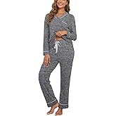 HALCYEEN Women's Pajamas Sets Long Sleeve V Neck Pjs Soft Loungewear Sets 2 Piece Sleepwear Nightwear with Pockets S-XXL
