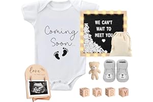 SytuHete 9 Pcs Pregnancy Announcements Set, Include Felt Letter Board Sign with Baby Bodysuit Shoes and Wooden Sign Surprise Announcement for Grandparents Partner Gift Family Reveal