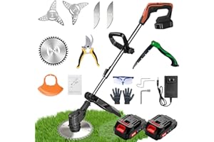 DOMPOU Weed Wacker, Electric Weed Wacker, String Trimmer with 2 x 24V Batteries and Charger, Cordless Weed Wacker with 3 Types of Blades, Brush Cutter with Retractable Length and 90° Rotating Head