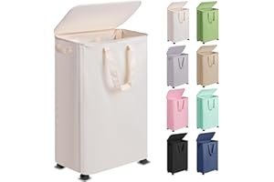Vincona Slim Laundry Hamper with Lid and Wheels, Small Rolling Laundry Basket with Handle for Small Spaces, Tall Dirty Clothes Hampers for Dorm, Bathroom and Bedroom, 75L, Beige