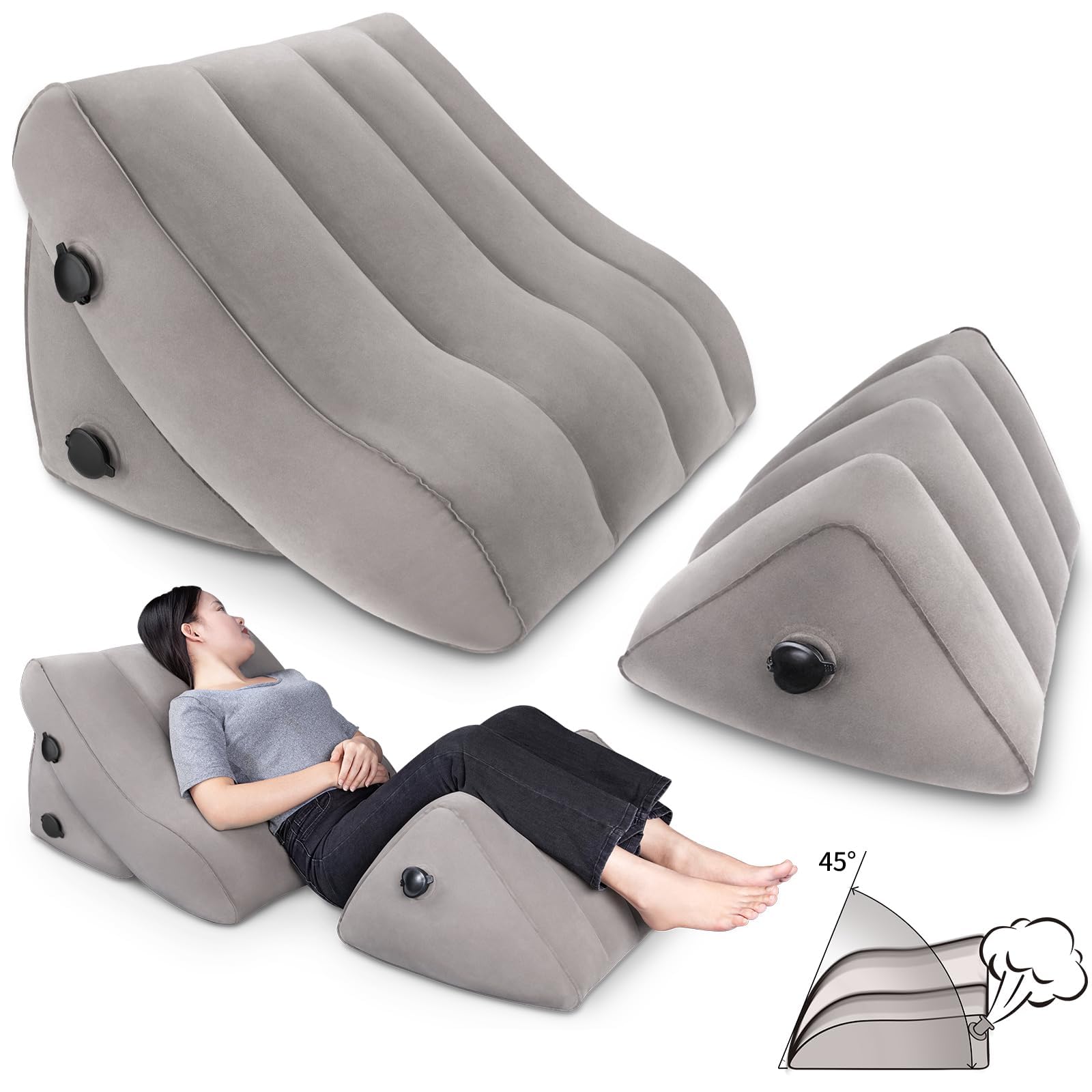 Photo 1 of SAHEYER Inflatable Bed Wedge Pillow Set, 2 PCS Post Surgery Support Pillow for Back, Knees, Leg Pain Relief, Adjustable Sitting Pillows for Anti Snoring, Heartburn, GERD Sleeping - Gray