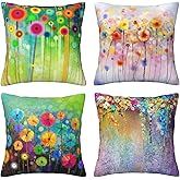 Abstract Floral Pillow Covers 18x18 Set of 4 Colorful Bright Spring Summer Natural Throw Pillow Case Cushion Case Wild Flowers Pillowcases for Room Decoration Farmhouse Couch