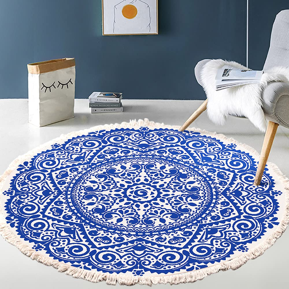 Vintage Boho Cotton Rugs, Mandala Pattern, Washable Hand Woven Bohemian Round Rug with Tassels for Bedroom, Hallway, Living Room, Coffee Table, Doormats, Machine Washable, 120 cm, Flowers #8 — image 1