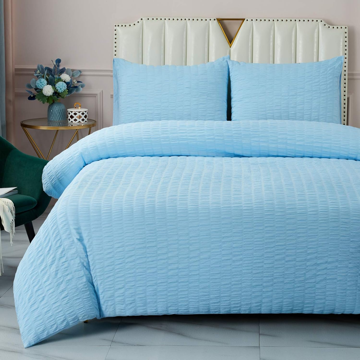 DuShow Duvet Cover Set Double Blue Solid Soft Seersucker Hotel Quality
