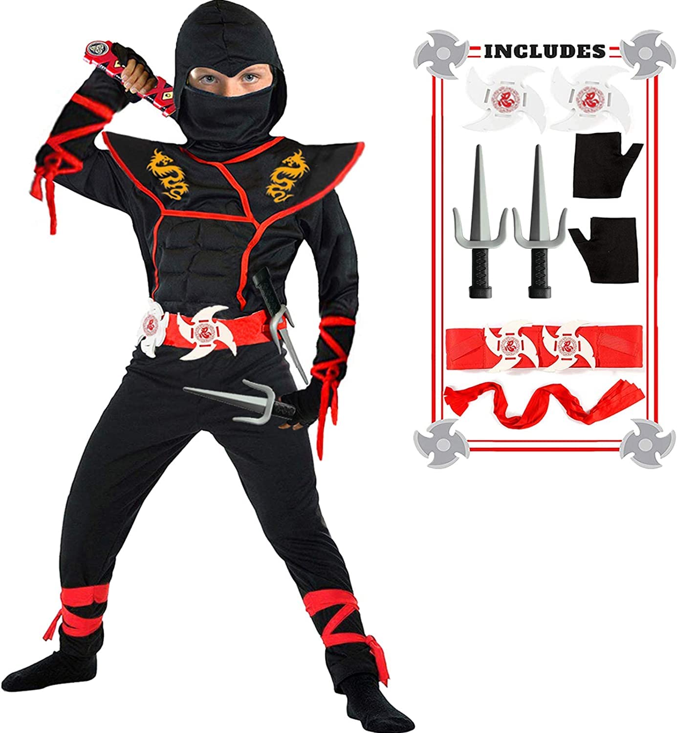 SATKULL Kids Ninja Costumes Halloween Ninja Costume Set for Boy Deluxe Ninjas Role Playing Suit(Kids-XL-10/12T Black)