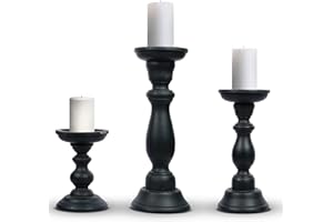 Mela Artisans Matte Black Hand Carved Wooden Pillar Candle Holders - Set of 3 | Tuli Decorative Style | Crafted from Mango Wood | Rustic Table Centerpiece Decor | Sized 6", 9" and 12"