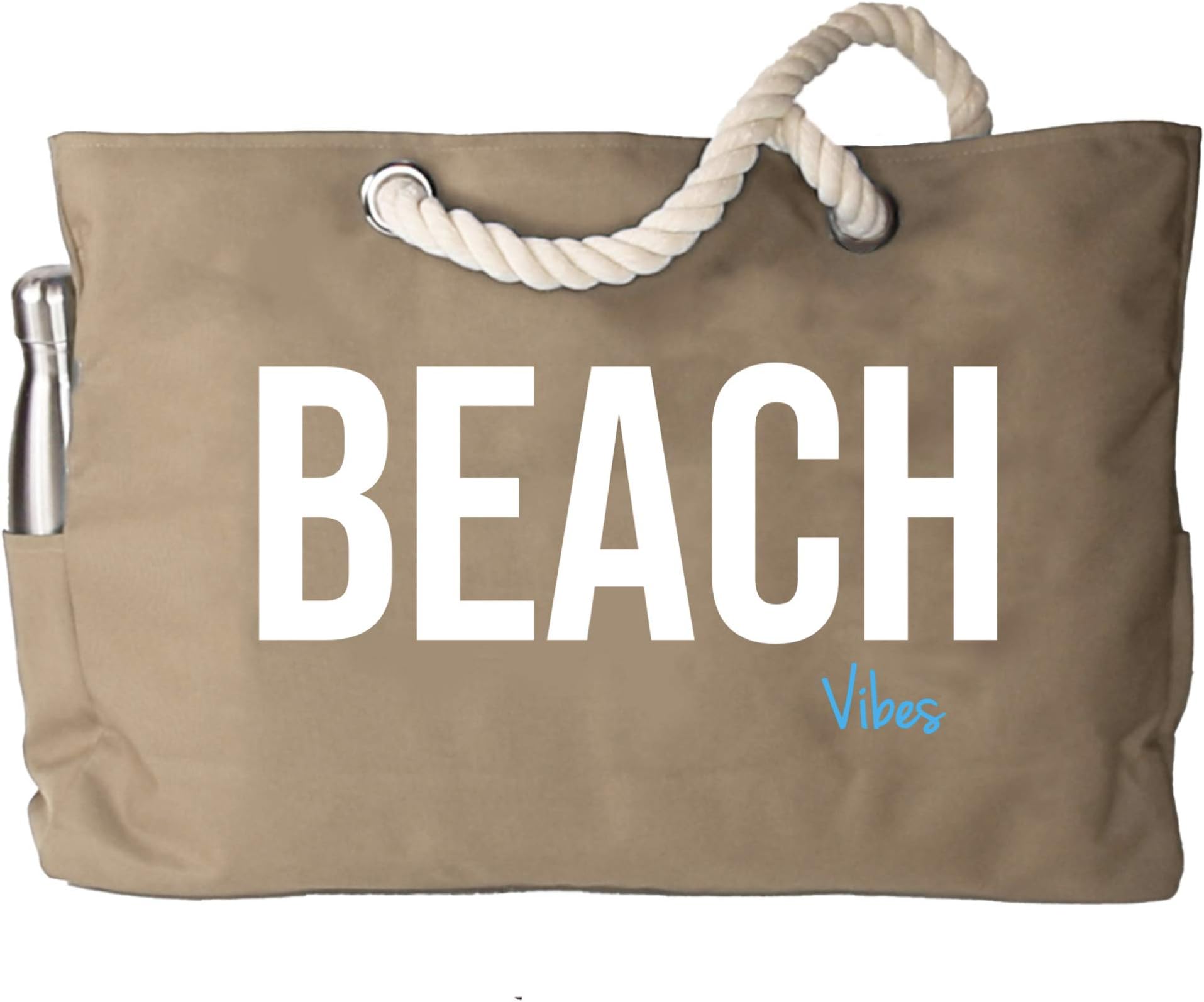 (XXL)"BEACH VIBES" - 100% Waterproof Travel Tote Bag (All Purpose Tote) with Rope Handle (Great Overnight or Beach Bag) | (Lightweight & Foldable) - Tan