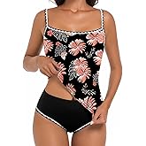 EVOCRCO Women's Tankini Swimsuit Tummy Control Bathing Suits Two Piece Slimming Swim Suit High Waisted Shell Stitch Swimwear