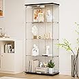 Darget Glass Display Cabinet 4-Shelf 2 Doors with LED Push Light Lockable Glass Display Case with 5mm Tempered Glass Floor-Standing Glass Bookshelf for Bedroom, Living Room, Black