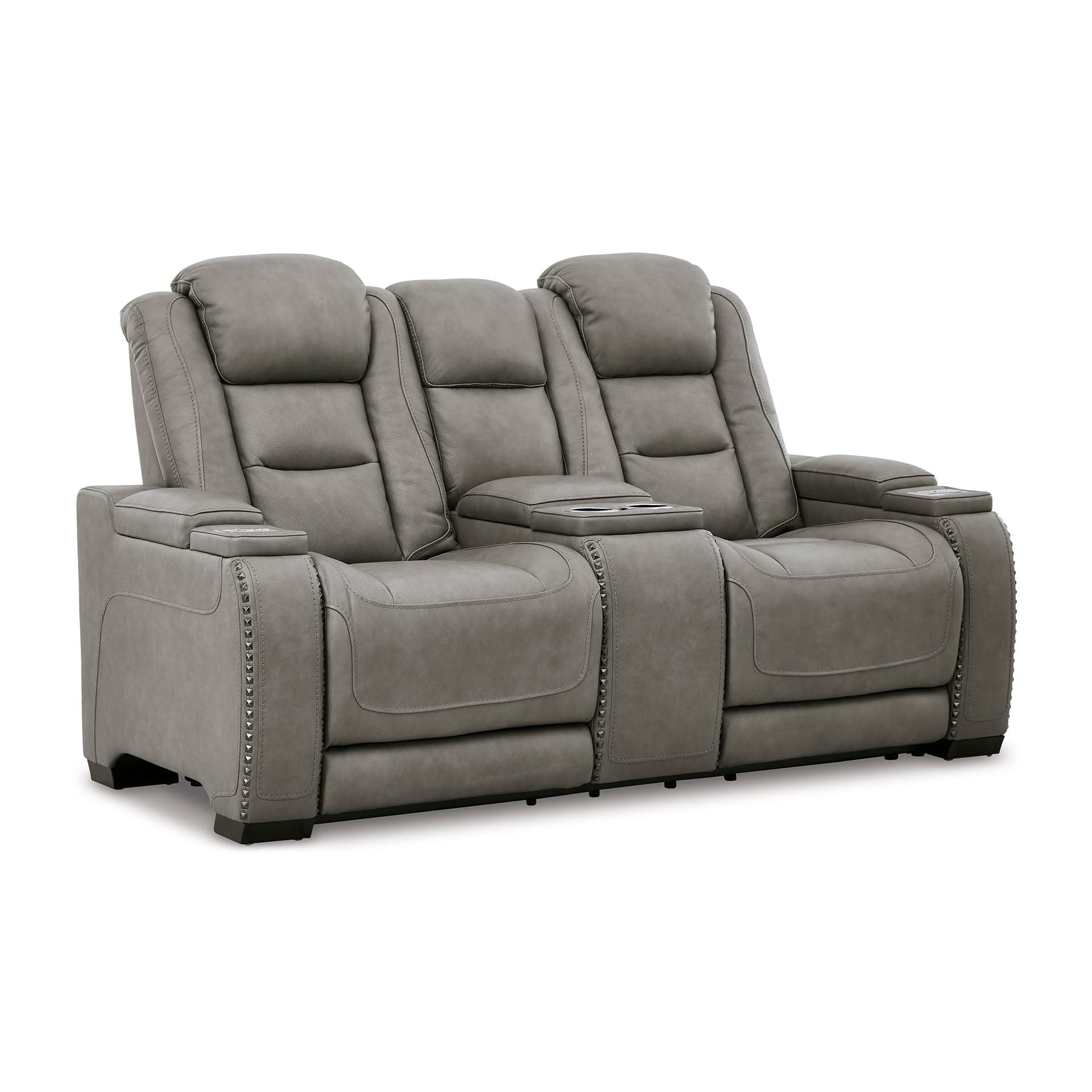 Photo 1 of Signature Design by Ashley The Man-Den Leather Power Reclining Loveseat with Center Console, Adjustable Headrest & Wireless Charging, Gray