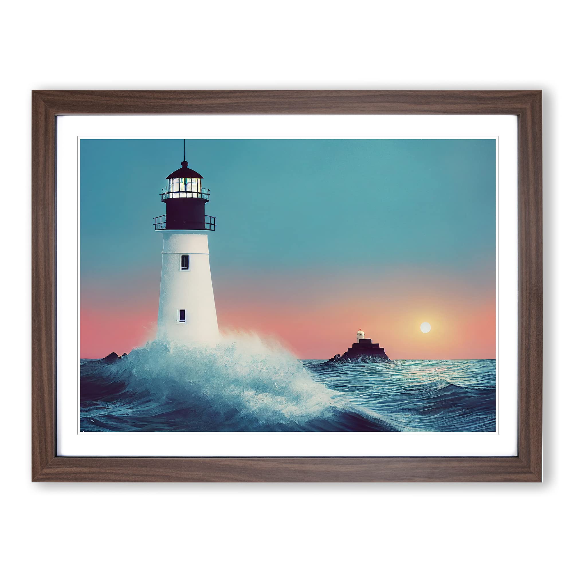 Peaceful Lighthouse Sunrise Framed Print | A4 Walnut Framed Wall Art | Ready to Hang | Modern Cityscape Picture | Living Room Bedroom Lounge Office
