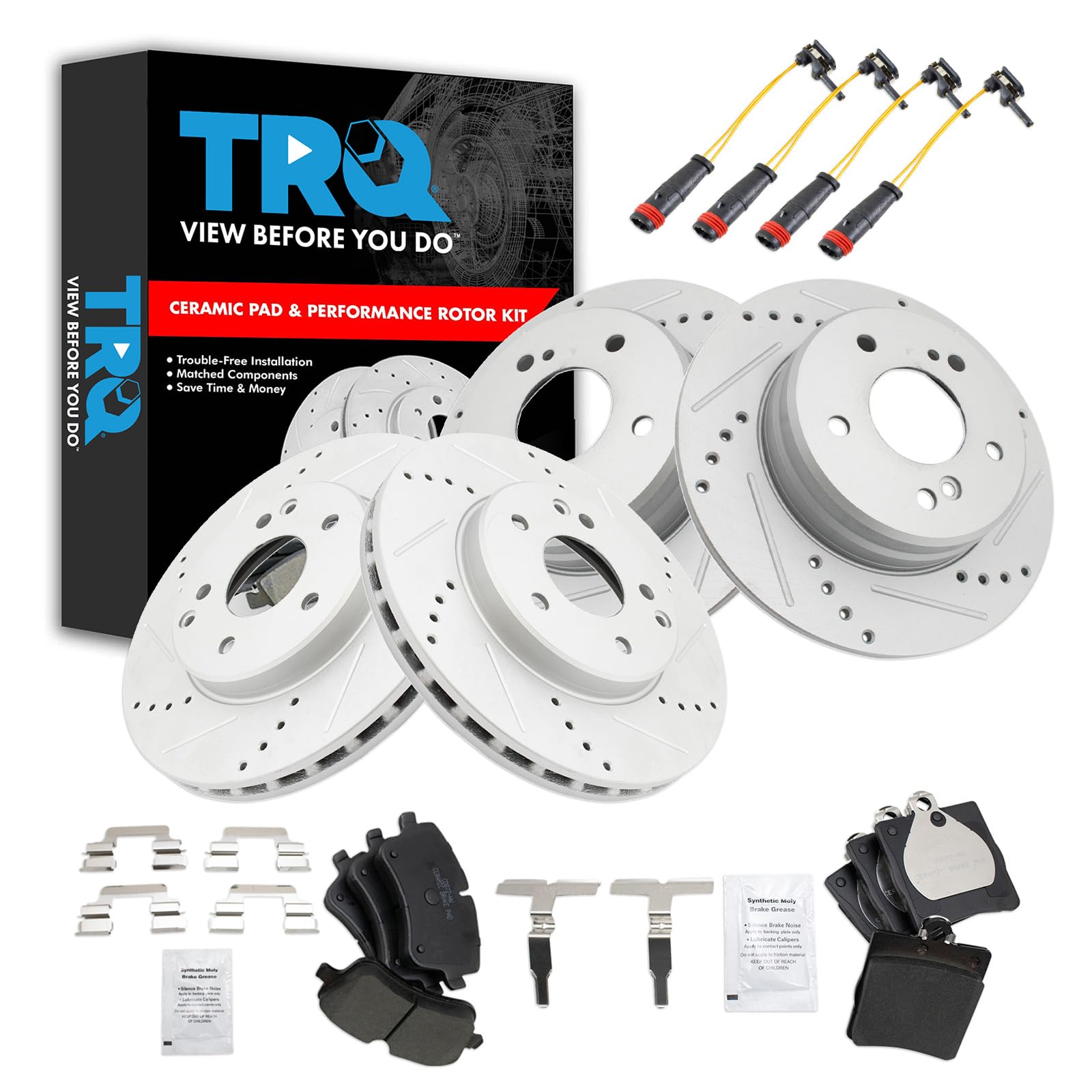 Photo 1 of TRQ Front and Rear Performance Brake Pad & Rotor Kit Brake Pad Wear Sensor Brake Pads Brake Rotors Set Ceramic Compatible with 2003-2005 Mercedes-Benz C230 2001-2005 C240