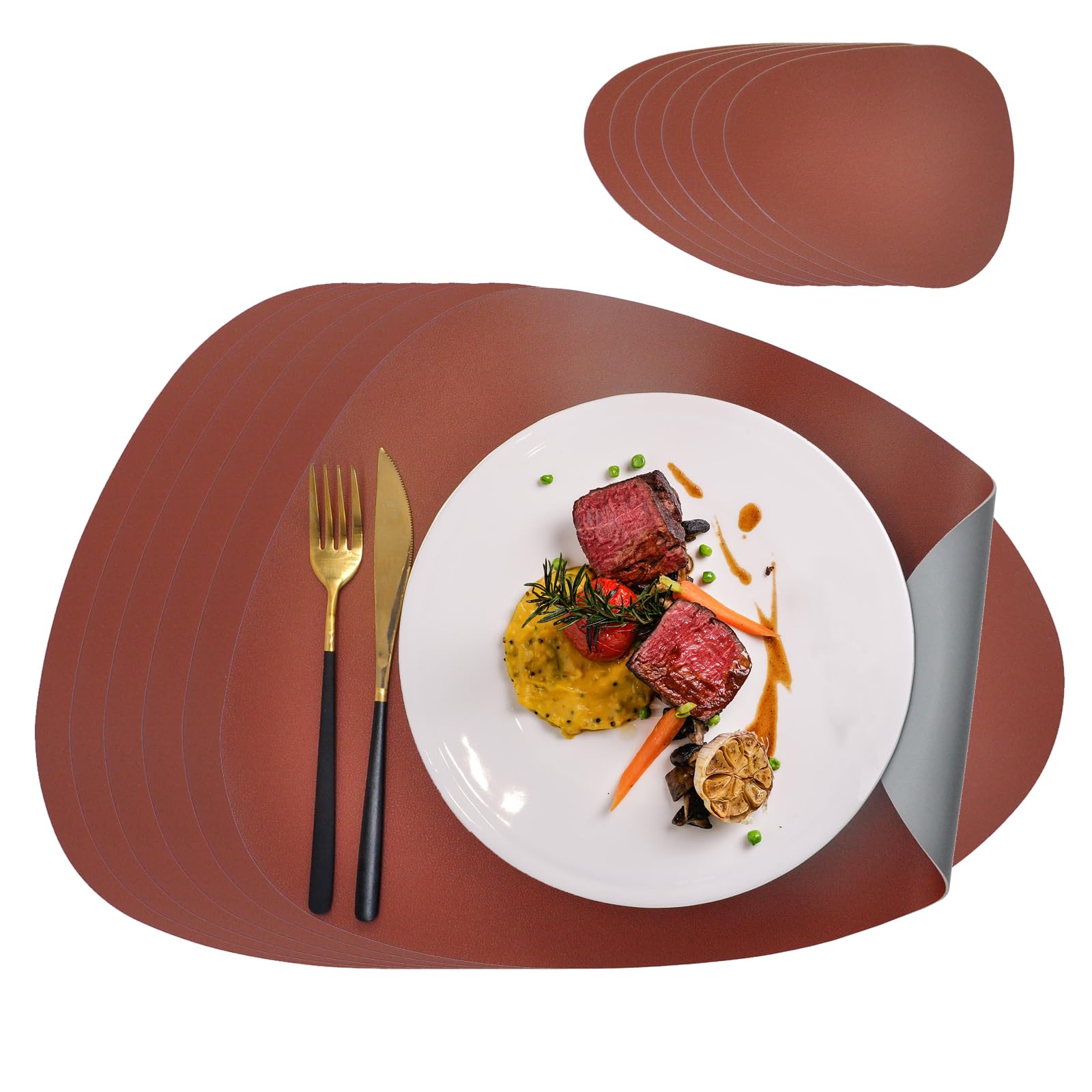 Double Sides Leather Placemats Sets of 6 - Table Place Mats Wipeable Washable Hot Resistant (Brown-Grey, 6 Placemats + 6 Coasters) — image 1