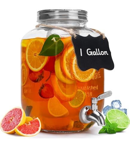 Amazon.com | JS Gourmet 4L Glass Beverage Dispenser with Metal Base Stand,  Spigot, Blackboard Sticker with Chalk and Leak-proof Metal Lid, Drink Jar  for Water, Juice, Liquor, Iced Punch, Sun Tea: Iced